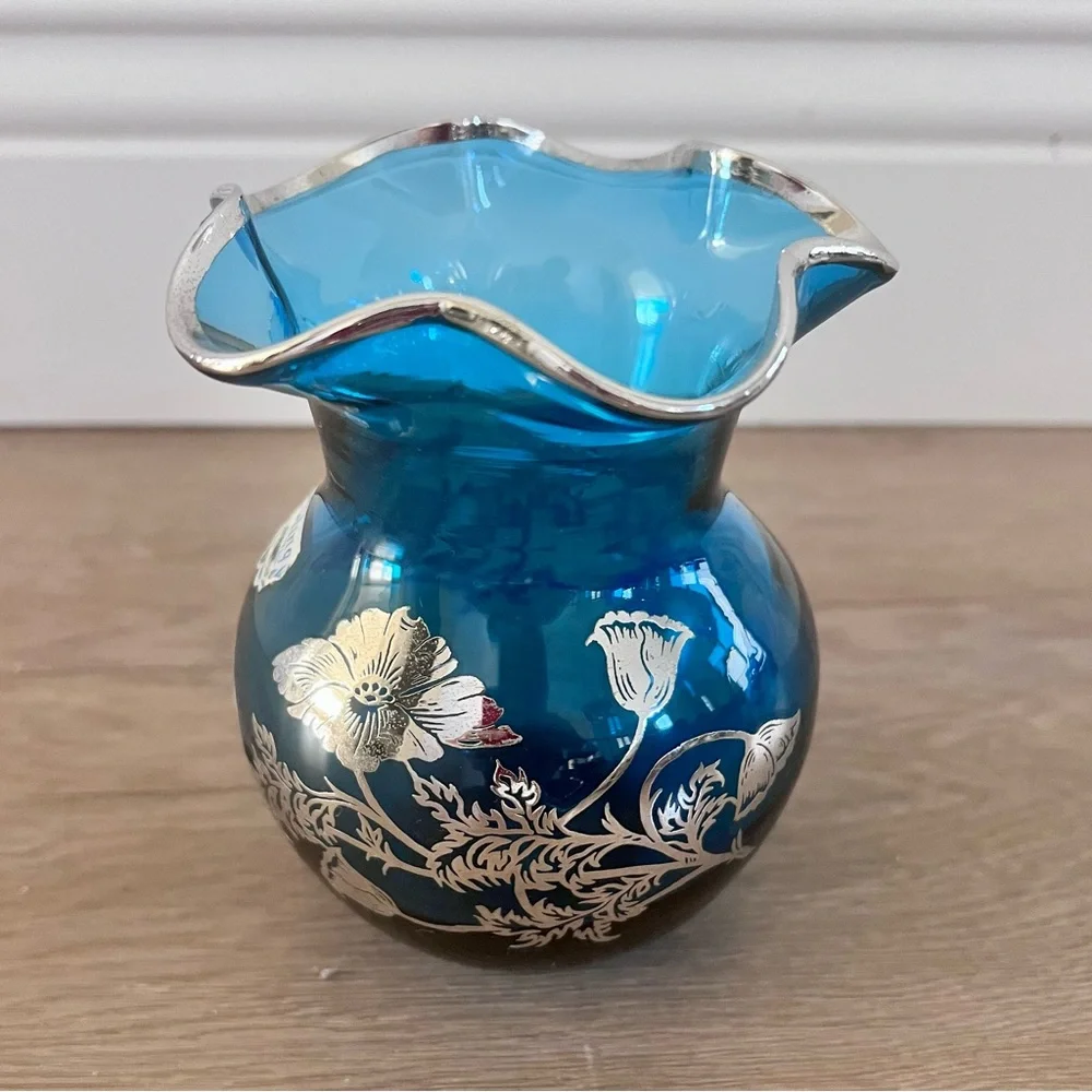 Vintage Hand Blown Silver City Glass - Sterling Silver Overlay Blue Vase - RARE
